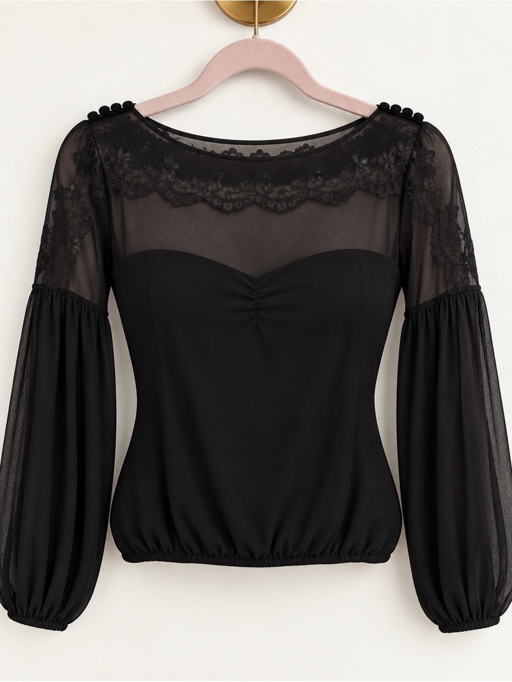 Mango Black Sheer Lace Yoke Long-Sleeve Blouse